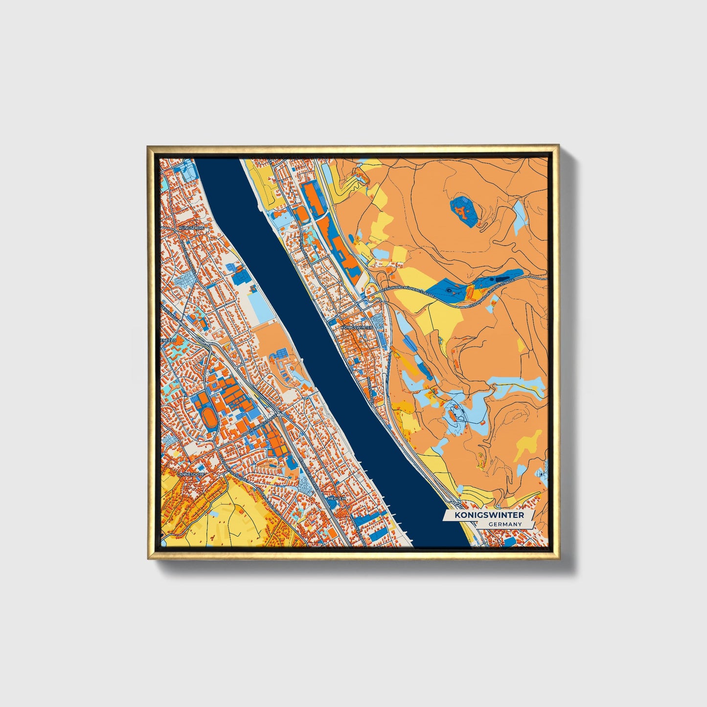 Königswinter Germany Colorful City Map Canvas Print • Gold Framed