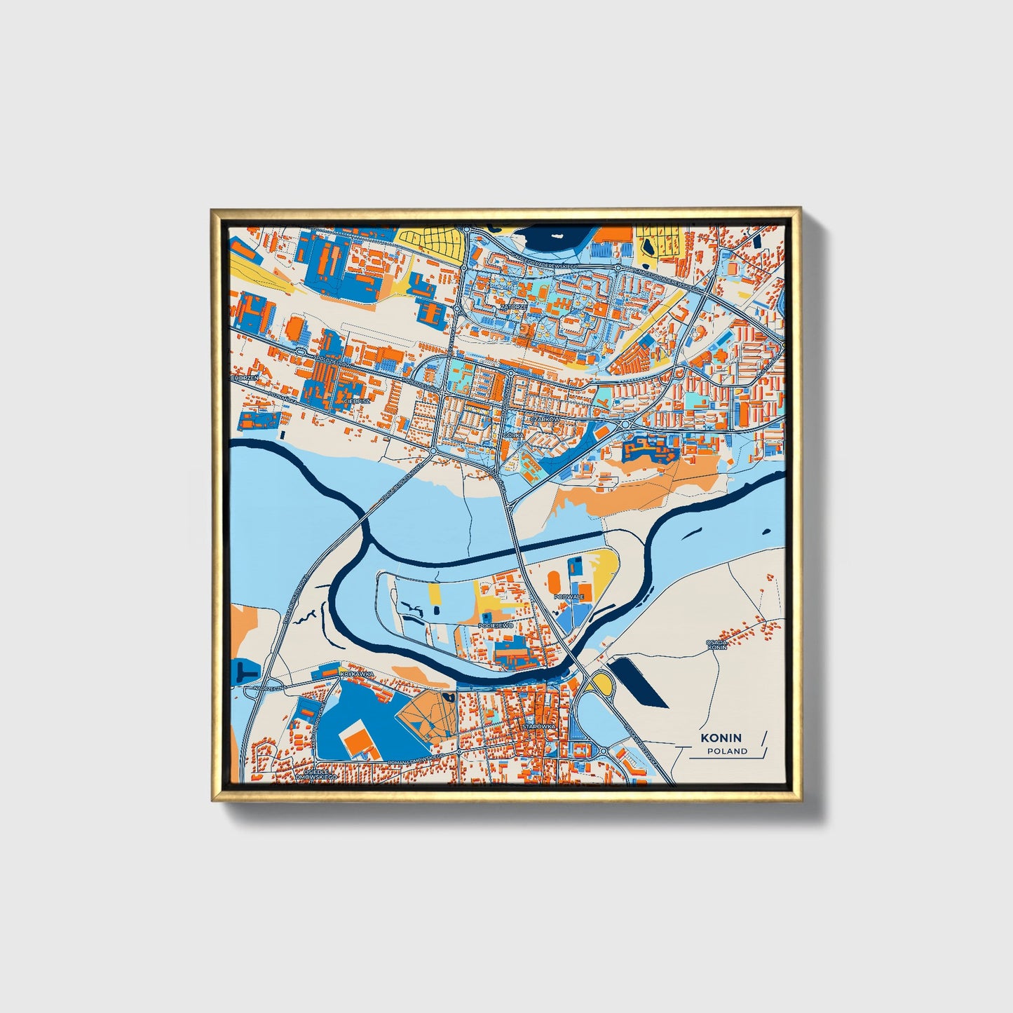 Konin Poland Colorful City Map Canvas Print • Gold Framed