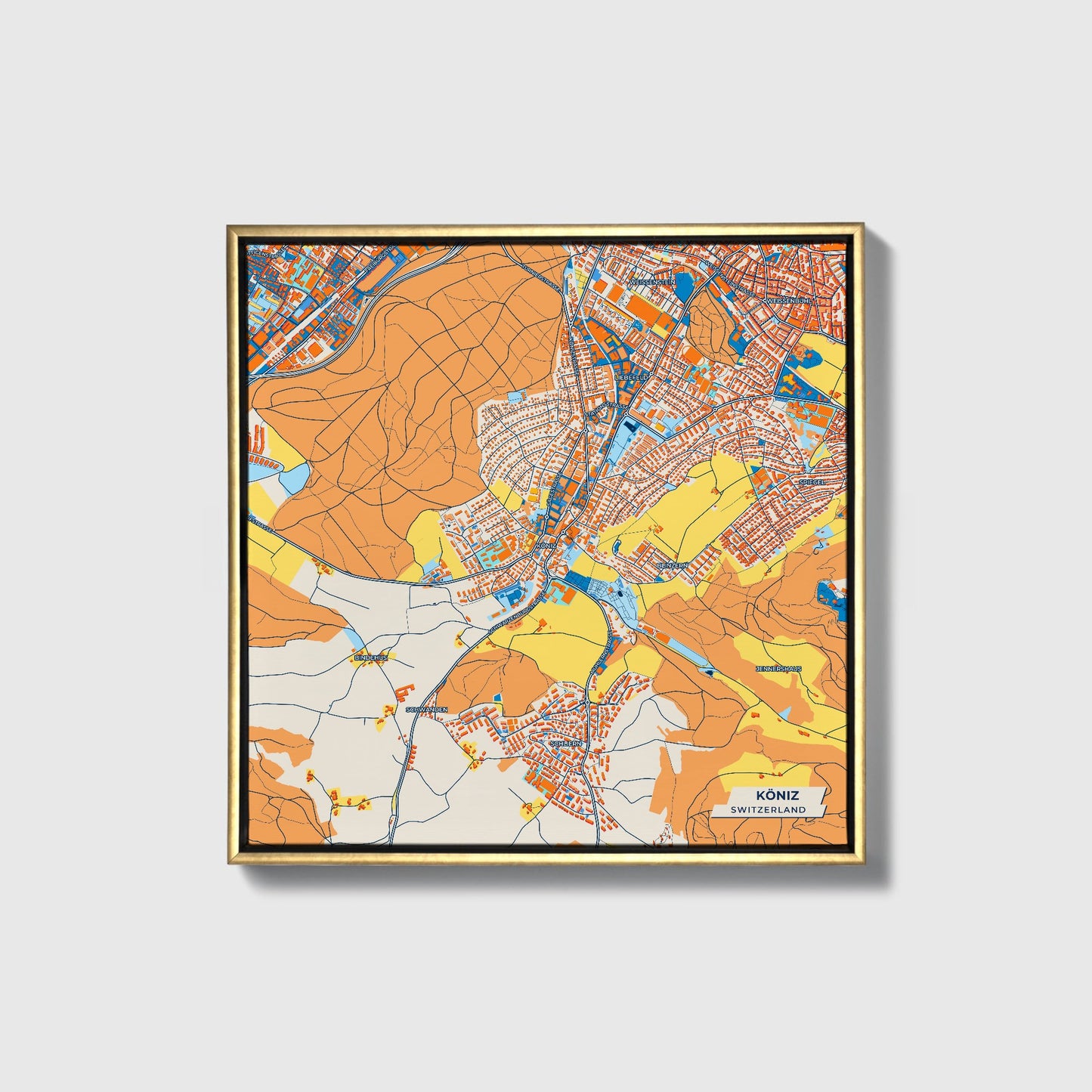 Köniz Switzerland Colorful City Map Canvas Print • Gold Framed