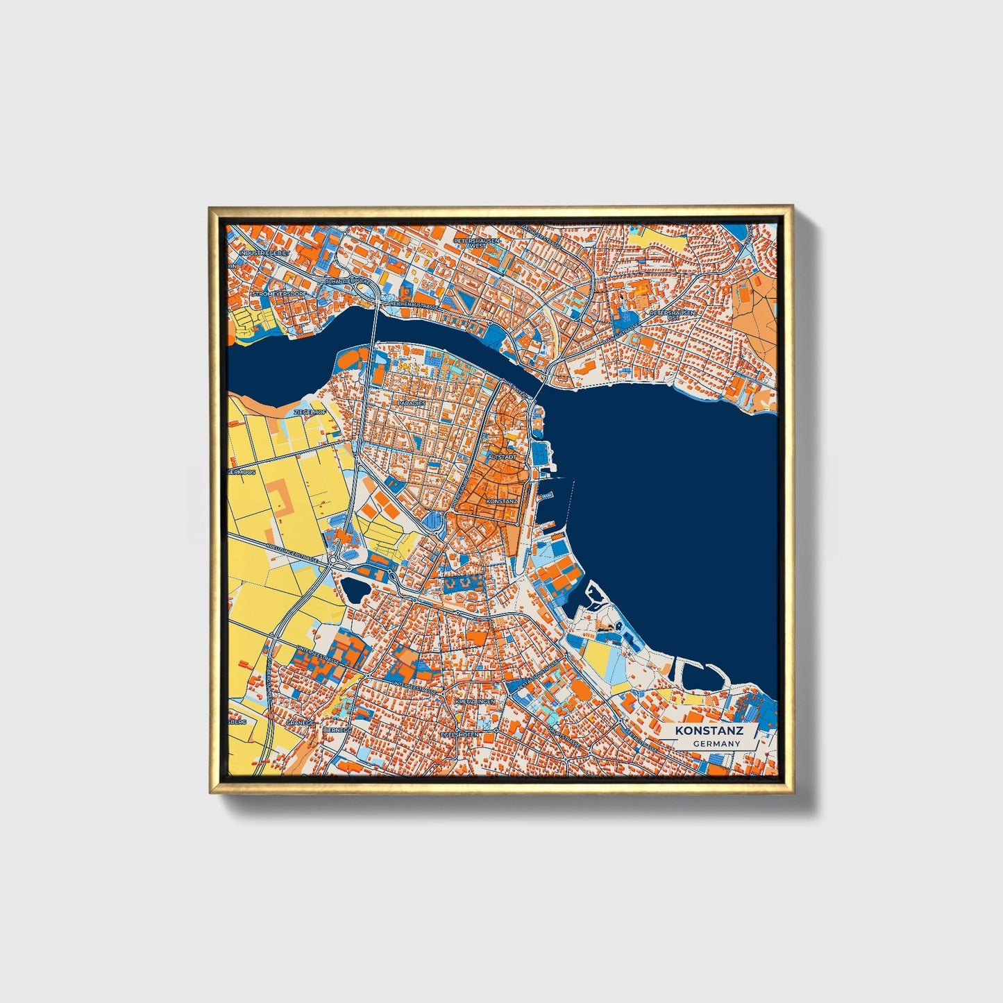 Konstanz Germany Colorful City Map Canvas Print • Gold Framed
