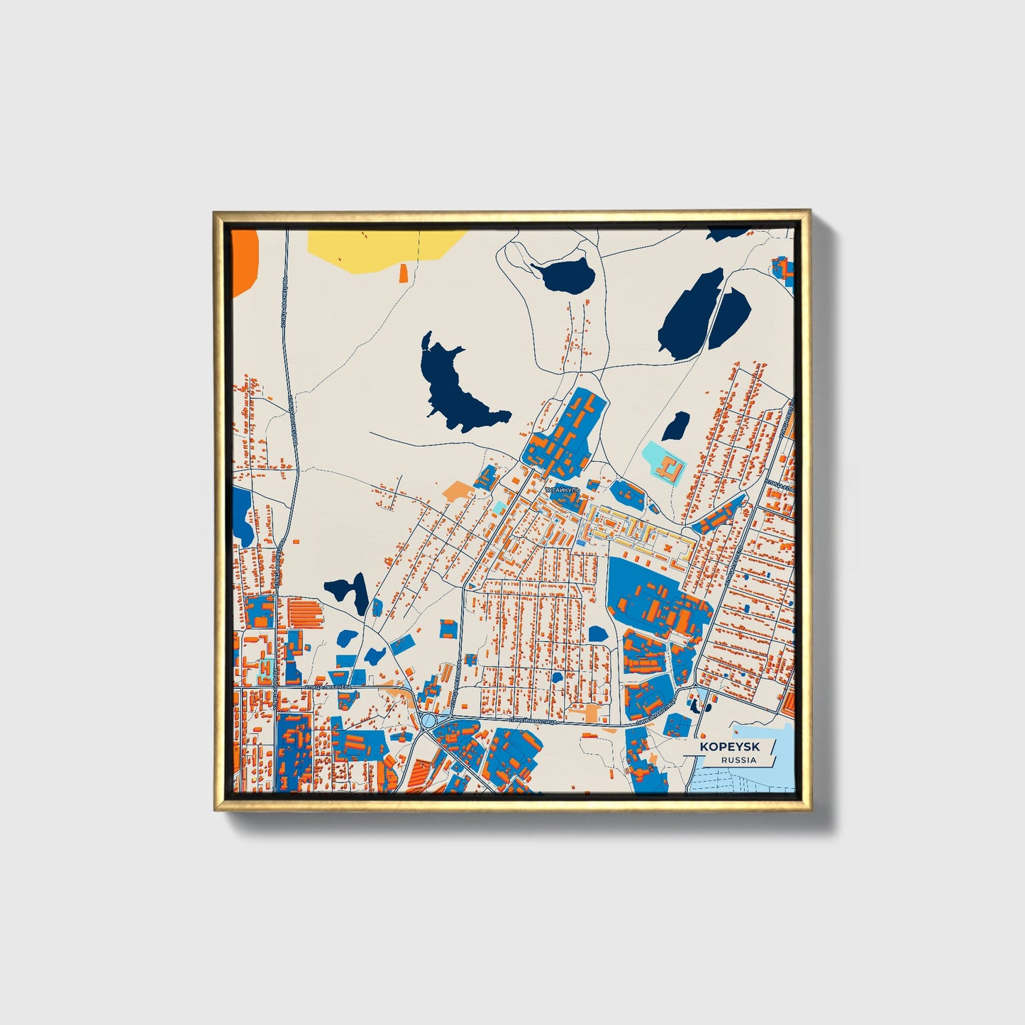 Копейск Russia Colorful City Map Canvas Print • Gold Framed