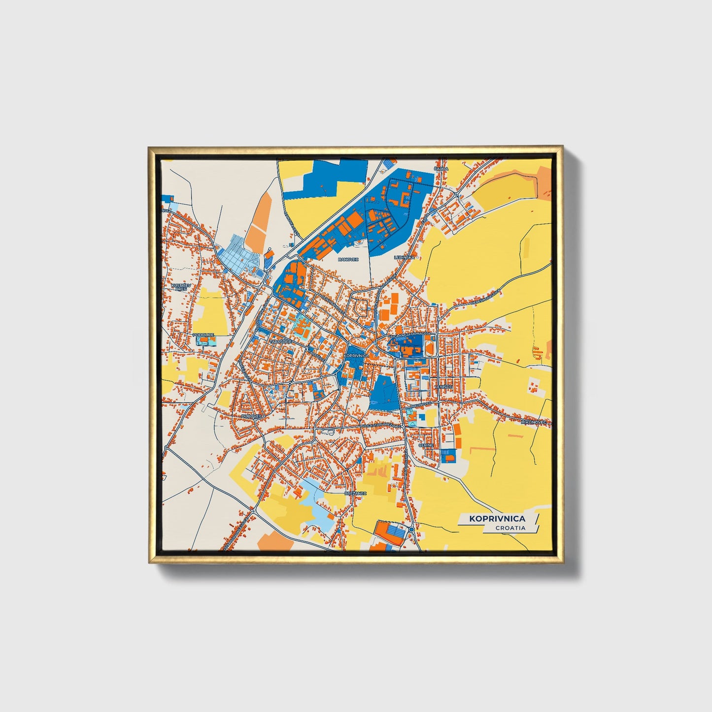 Koprivnica Croatia Colorful City Map Canvas Print • Gold Framed