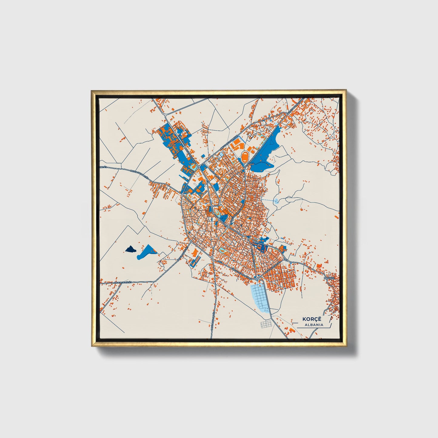 Korçë Albania Colorful City Map Canvas Print • Gold Framed