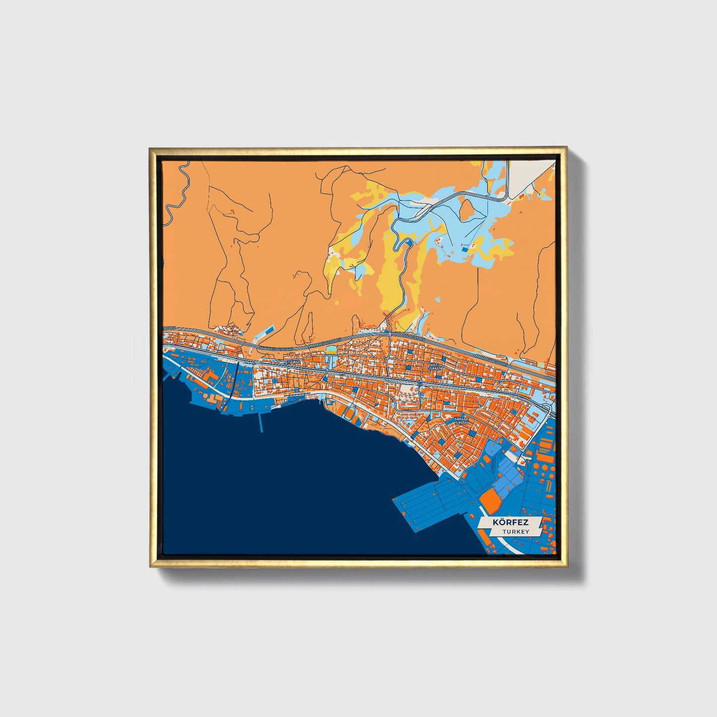 Körfez Turkey Colorful City Map Canvas Print • Gold Framed