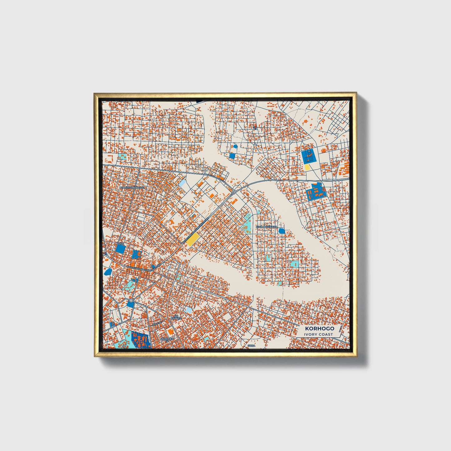 Korhogo Ivory Coast Colorful City Map Canvas Print • Gold Framed