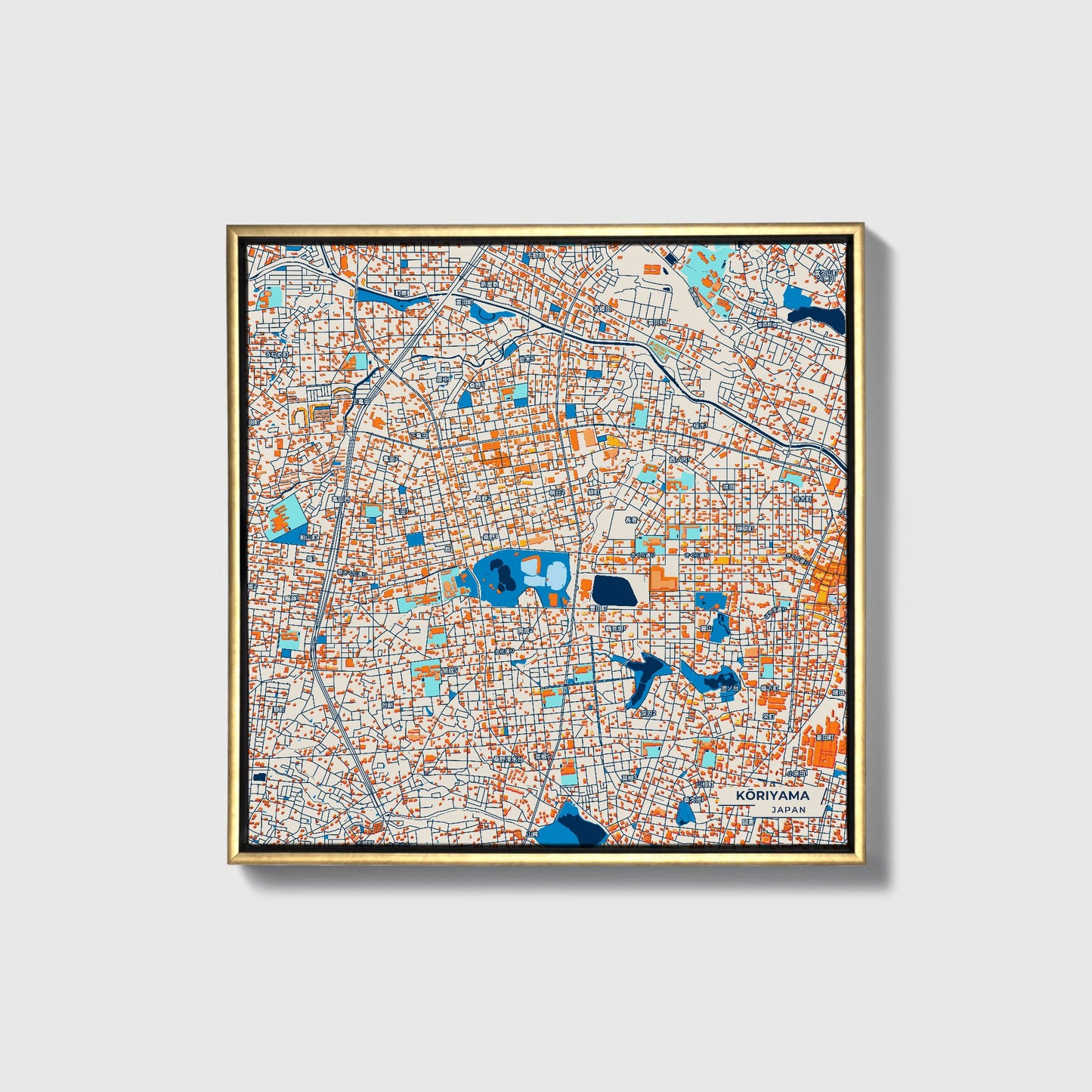 Kōriyama Japan Colorful City Map Canvas Print • Gold Framed