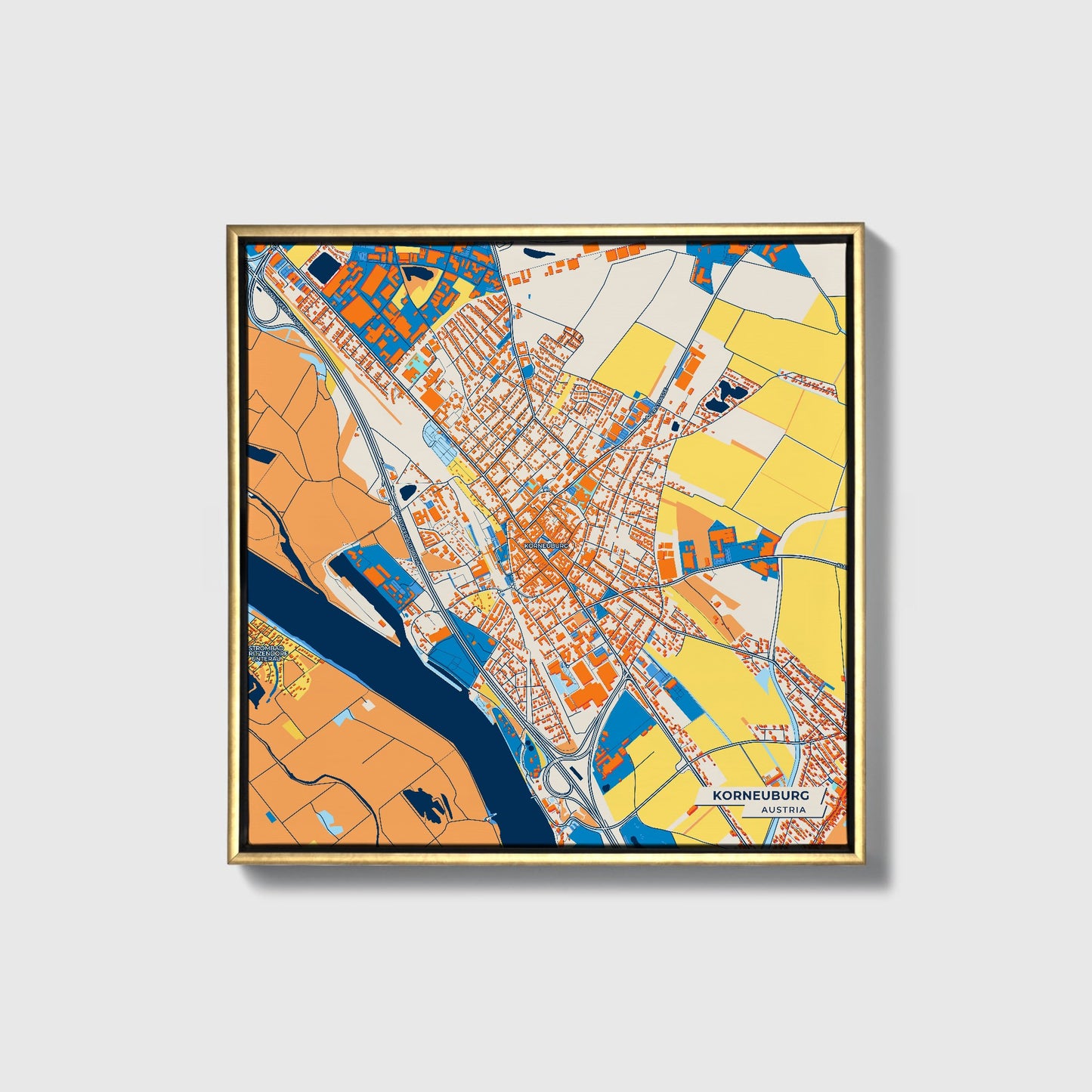 Korneuburg Austria Colorful City Map Canvas Print • Gold Framed