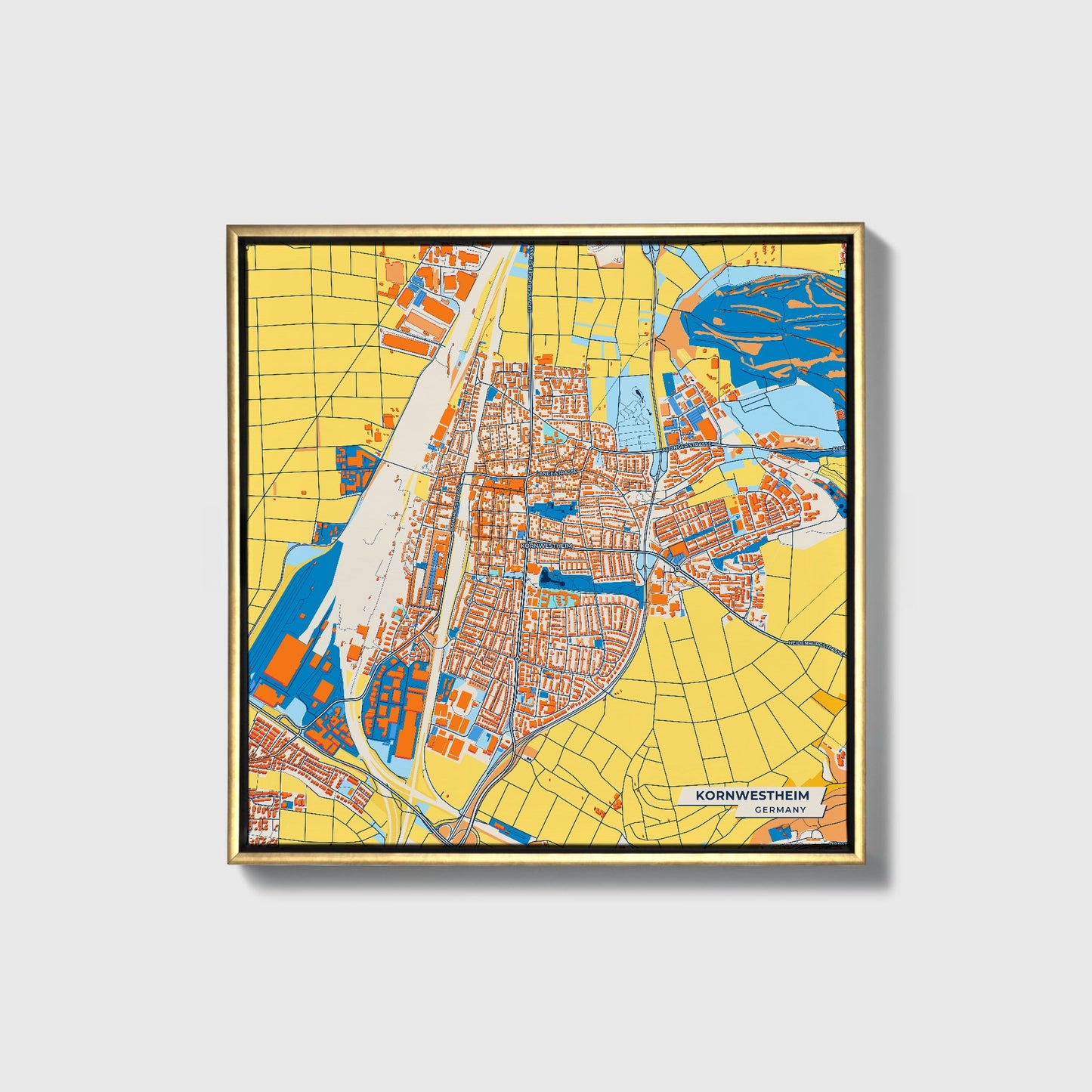 Kornwestheim Germany Colorful City Map Canvas Print • Gold Framed