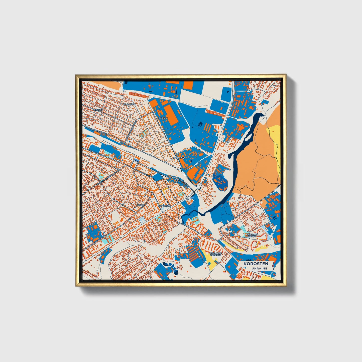 Коростен Ukraine Colorful City Map Canvas Print • Gold Framed