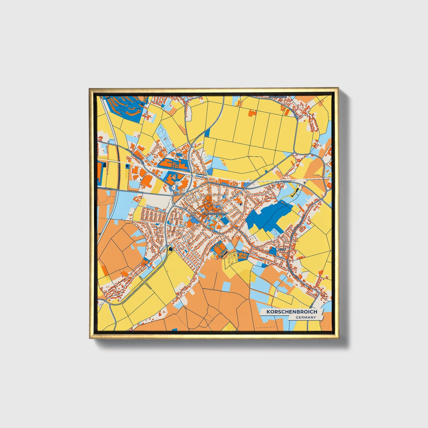 Korschenbroich Germany Colorful City Map Canvas Print • Gold Framed