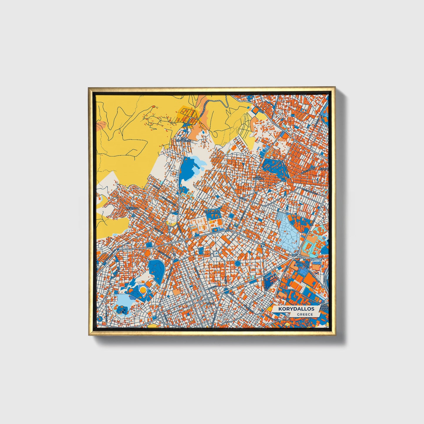 Κορυδαλλος Greece Colorful City Map Canvas Print • Gold Framed