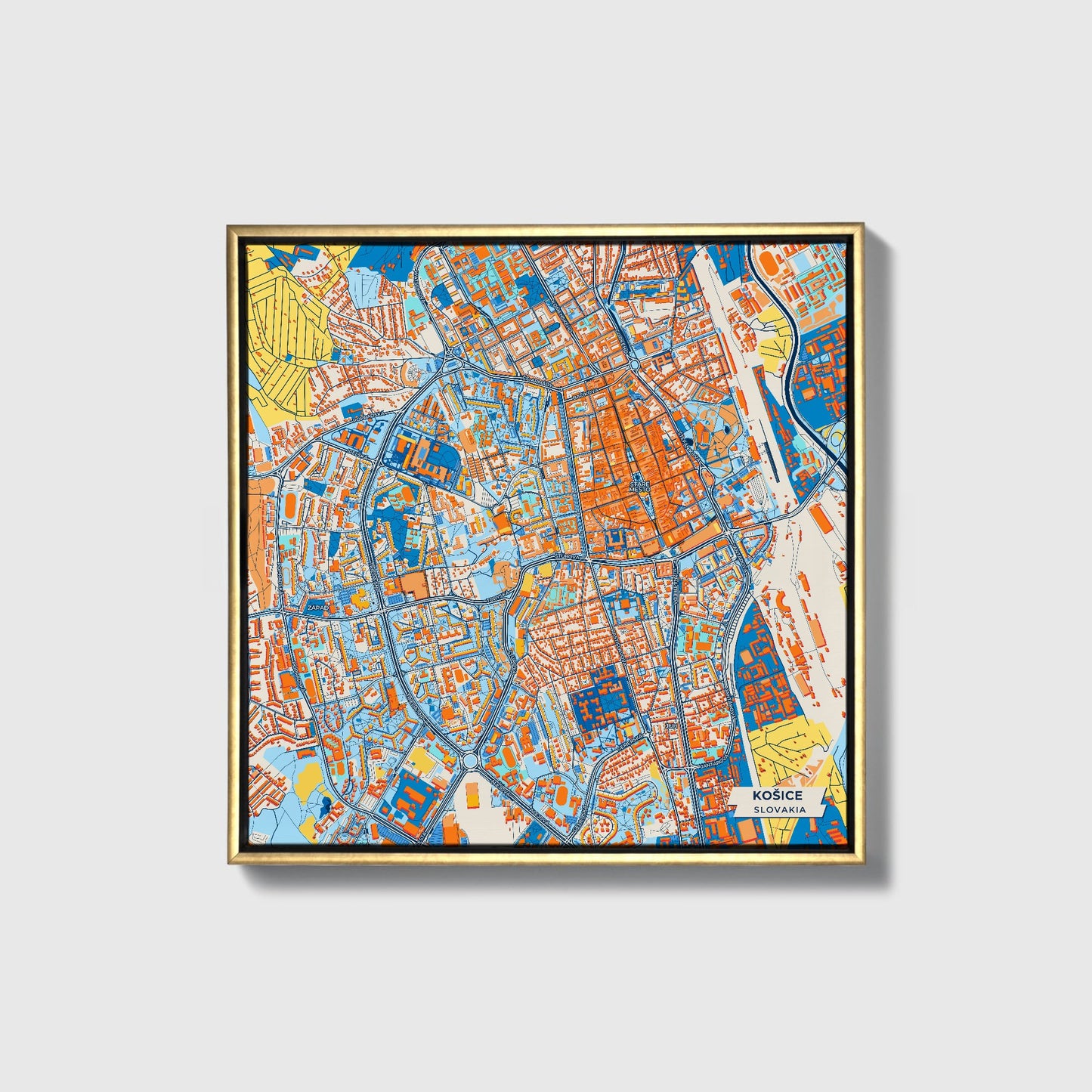 Košice Slovakia Colorful City Map Canvas Print • Gold Framed