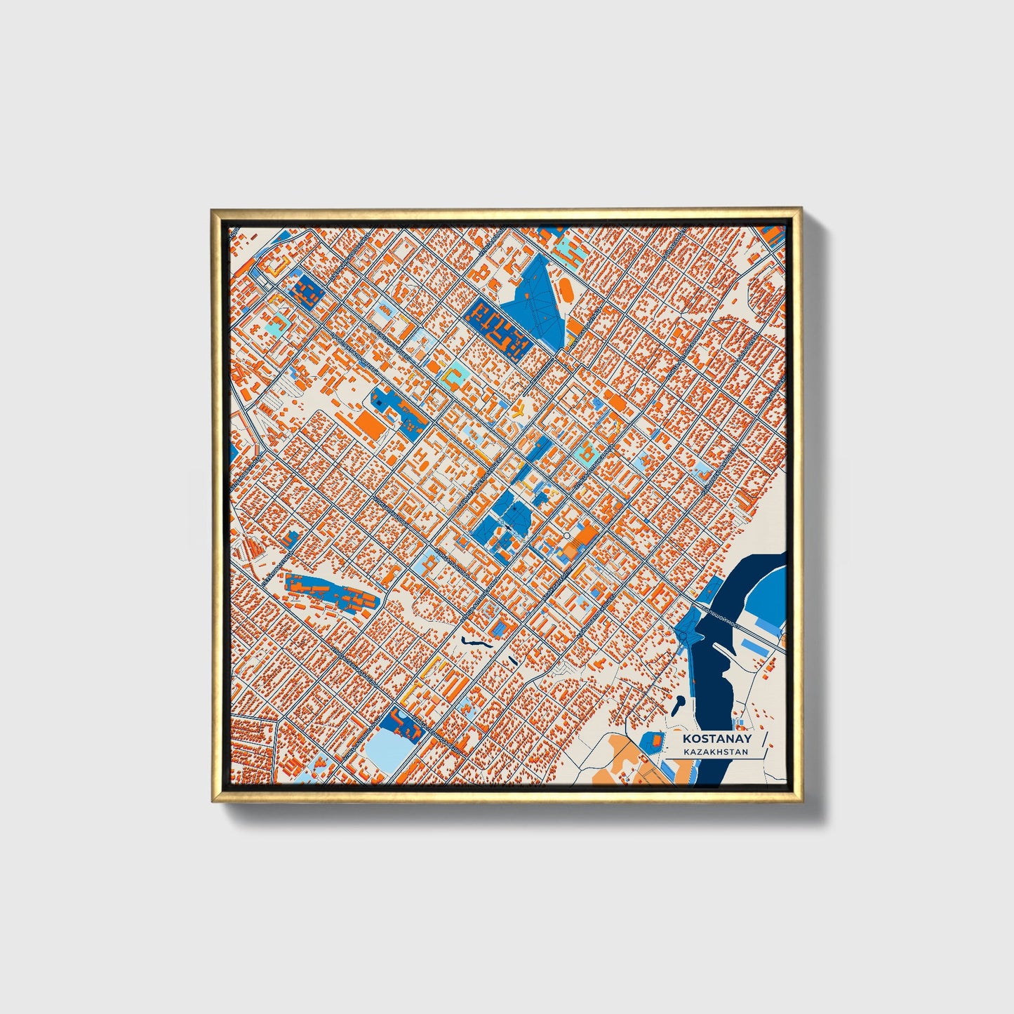 Kostanay Kazakhstan Colorful City Map Canvas Print • Gold Framed
