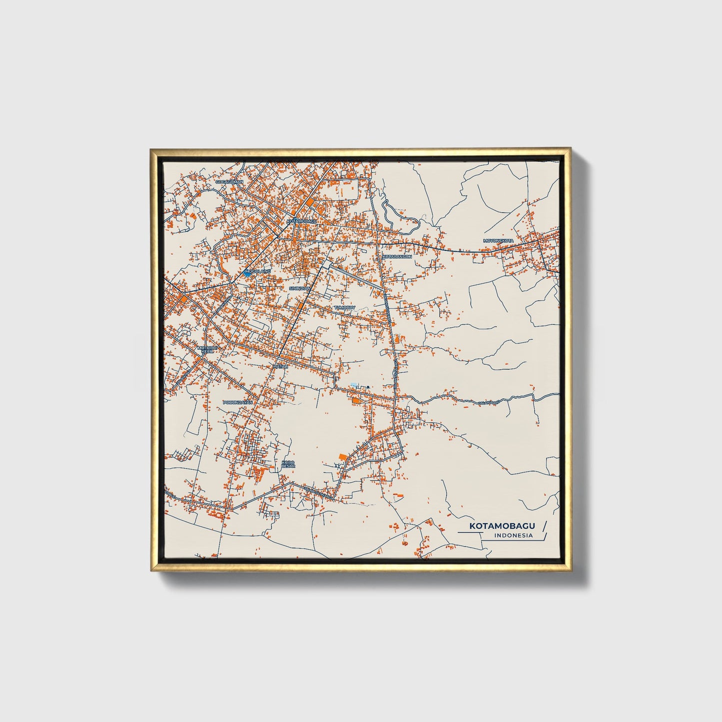 Kotamobagu Indonesia Colorful City Map Canvas Print • Gold Framed