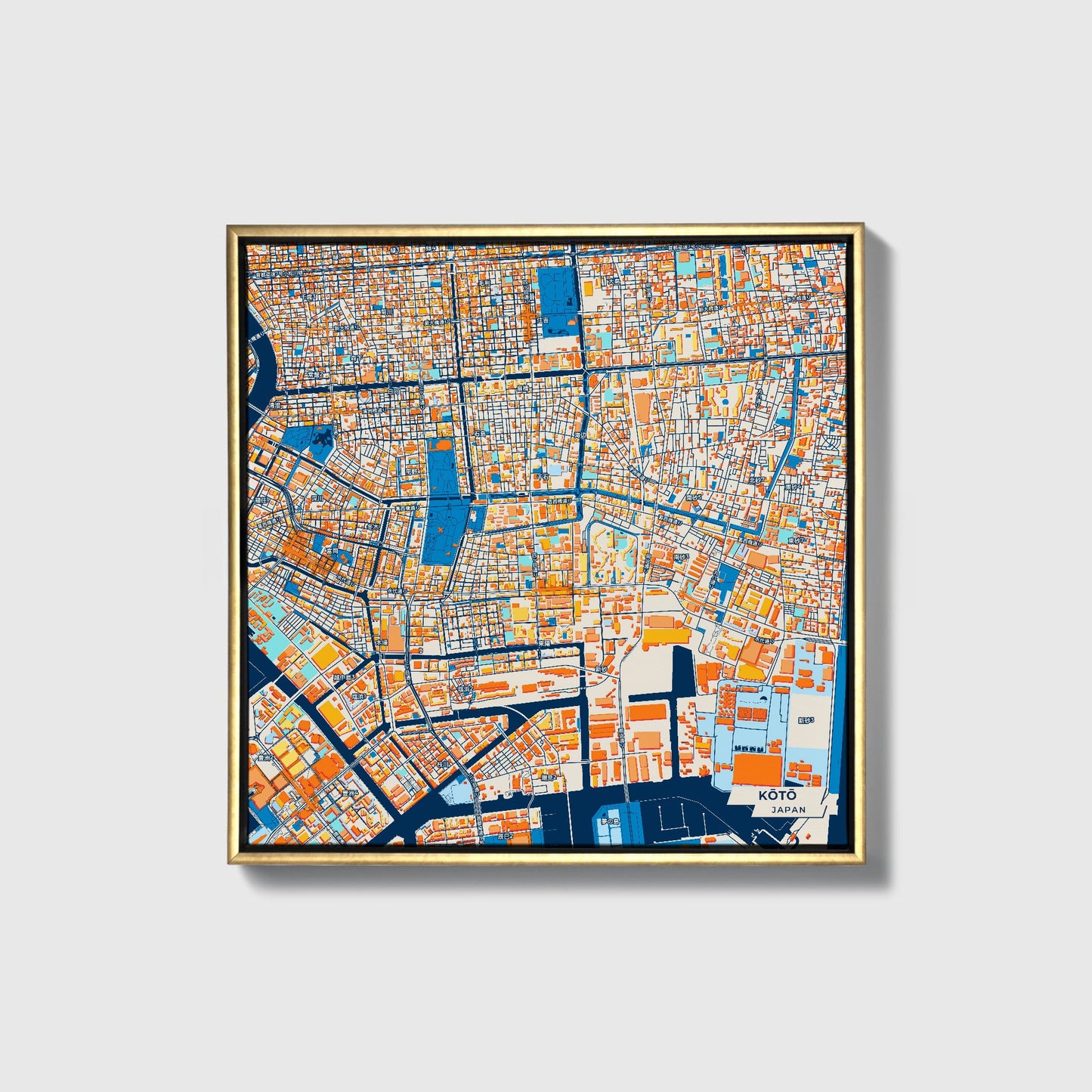 Kōtō Japan Colorful City Map Canvas Print • Gold Framed