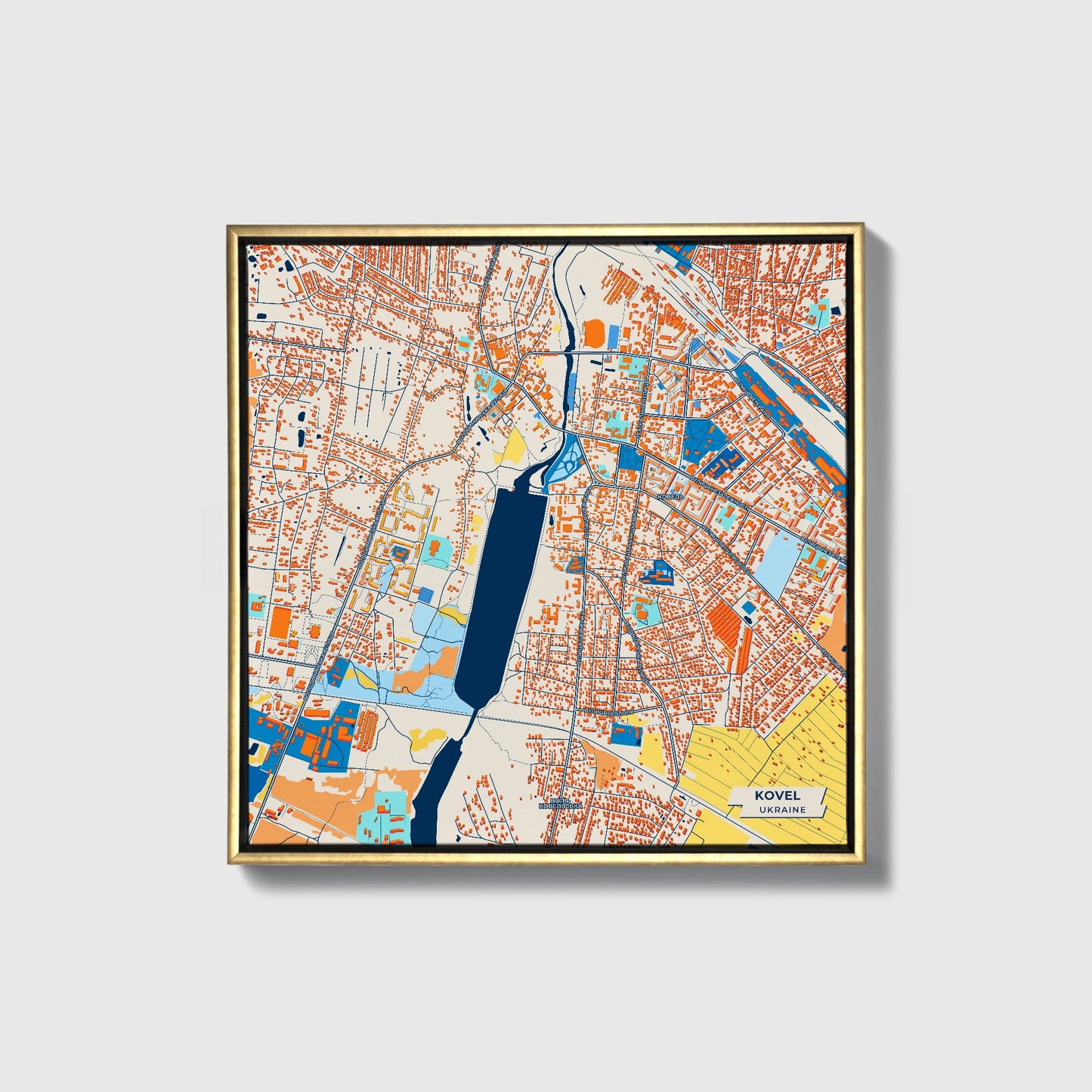 Ковель Ukraine Colorful City Map Canvas Print • Gold Framed