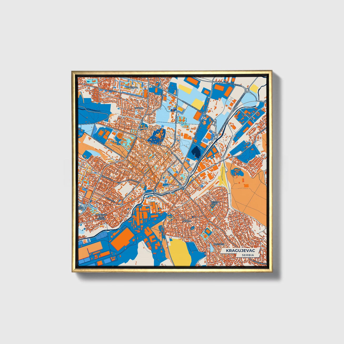 Крагујевац Serbia Colorful City Map Canvas Print • Gold Framed