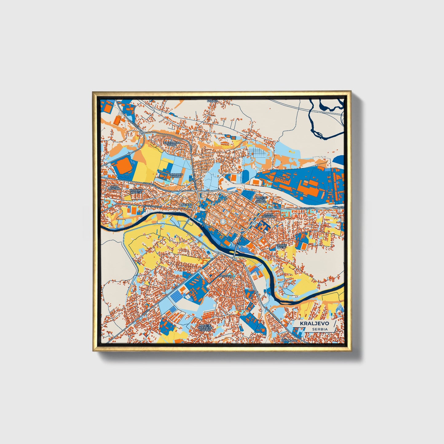 Краљево Serbia Colorful City Map Canvas Print • Gold Framed