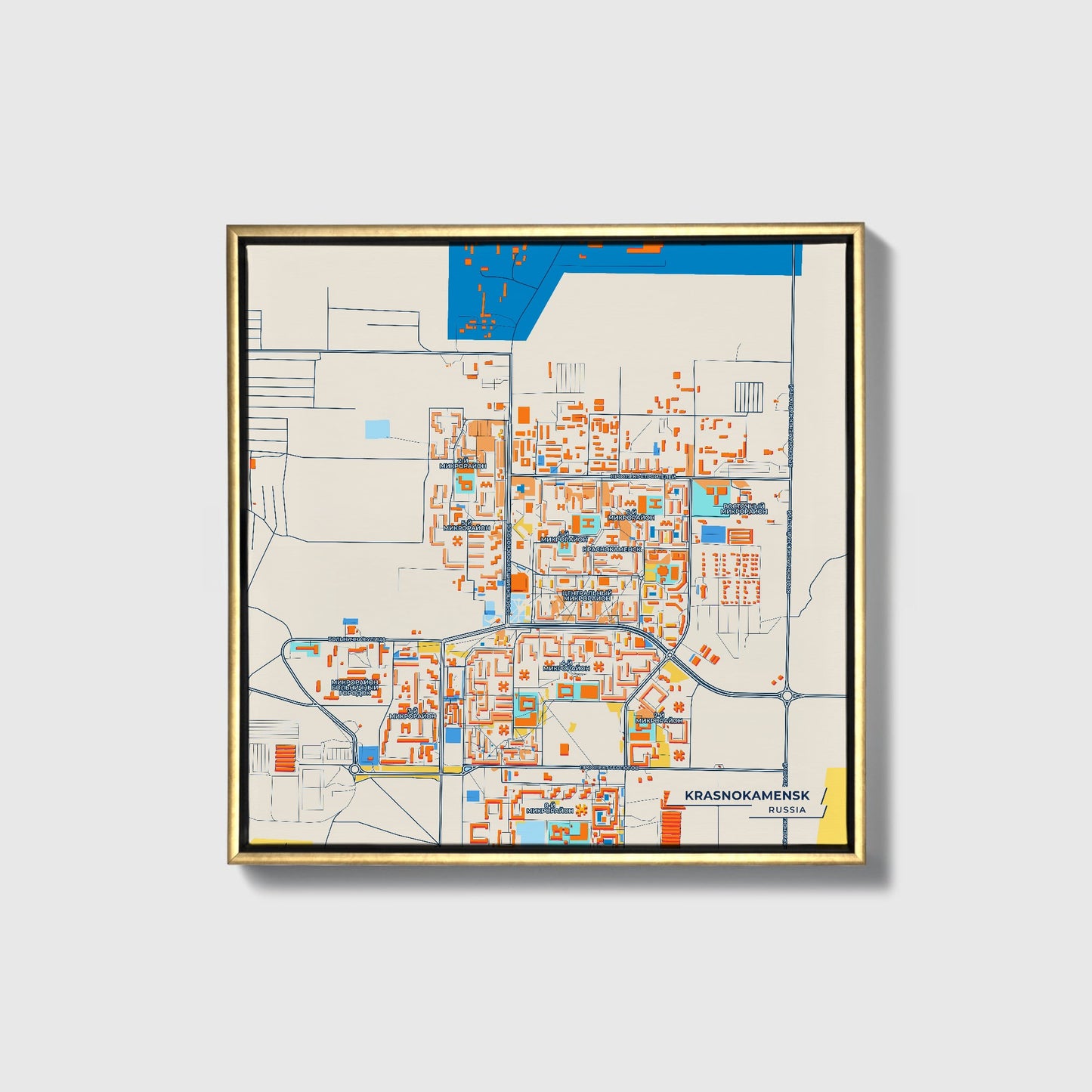 Краснокаменск Russia Colorful City Map Canvas Print • Gold Framed