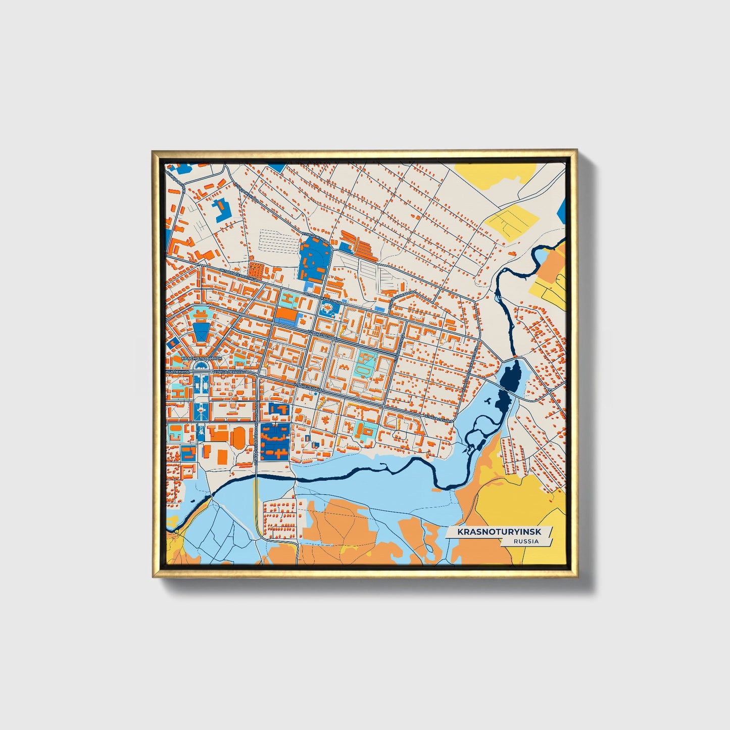 Краснотурьинск Russia Colorful City Map Canvas Print • Gold Framed