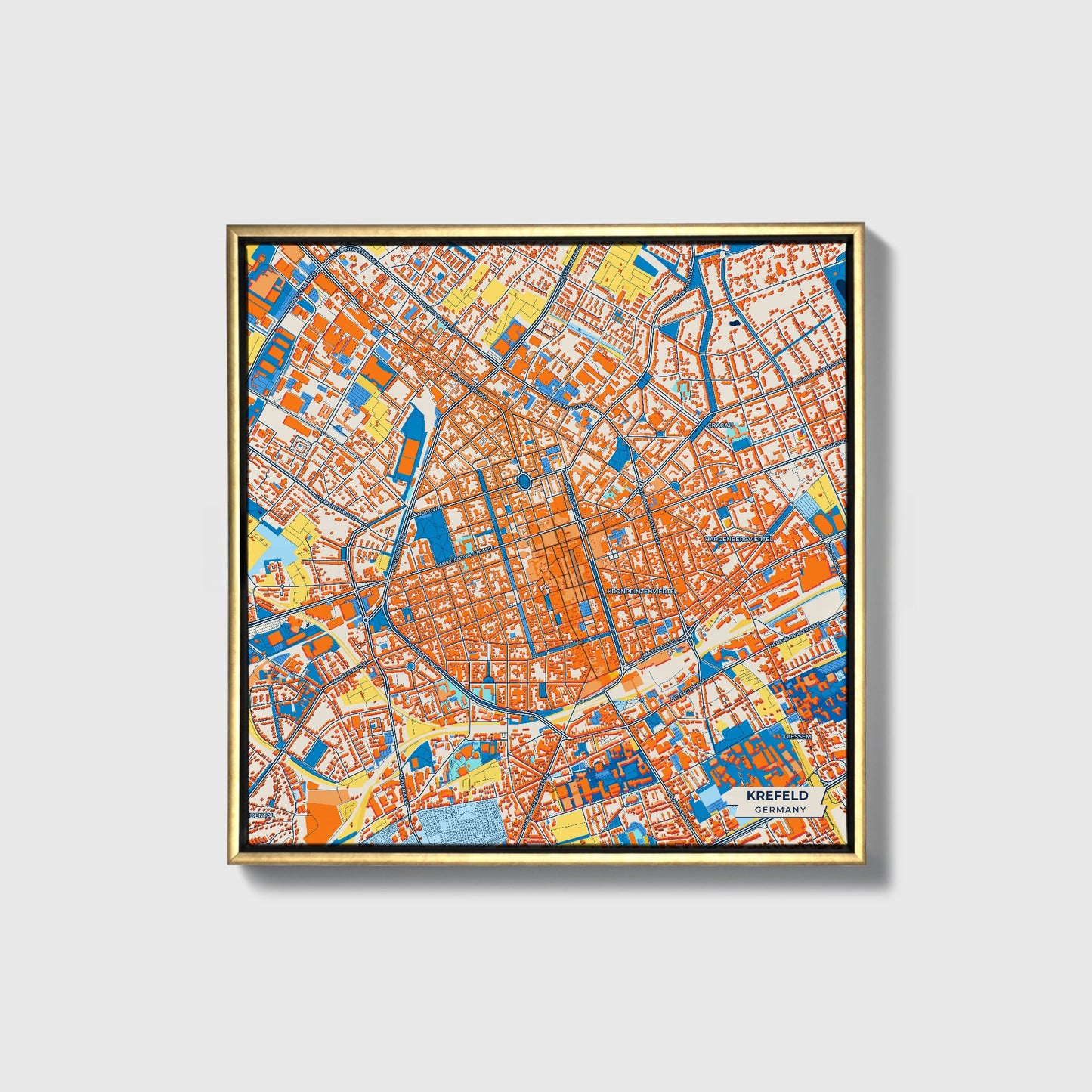 Krefeld Germany Colorful City Map Canvas Print • Gold Framed