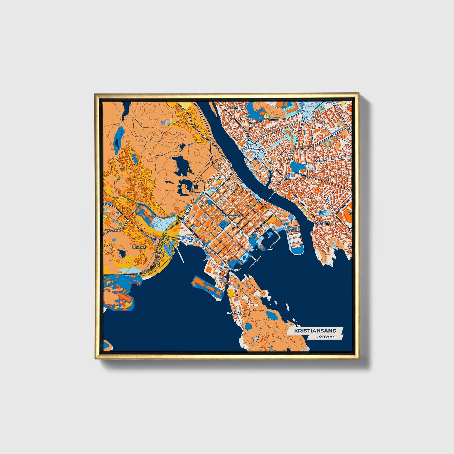 Kristiansand Norway Colorful City Map Canvas Print • Gold Framed
