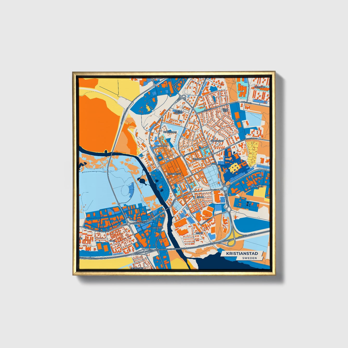 Kristianstad Sweden Colorful City Map Canvas Print • Gold Framed