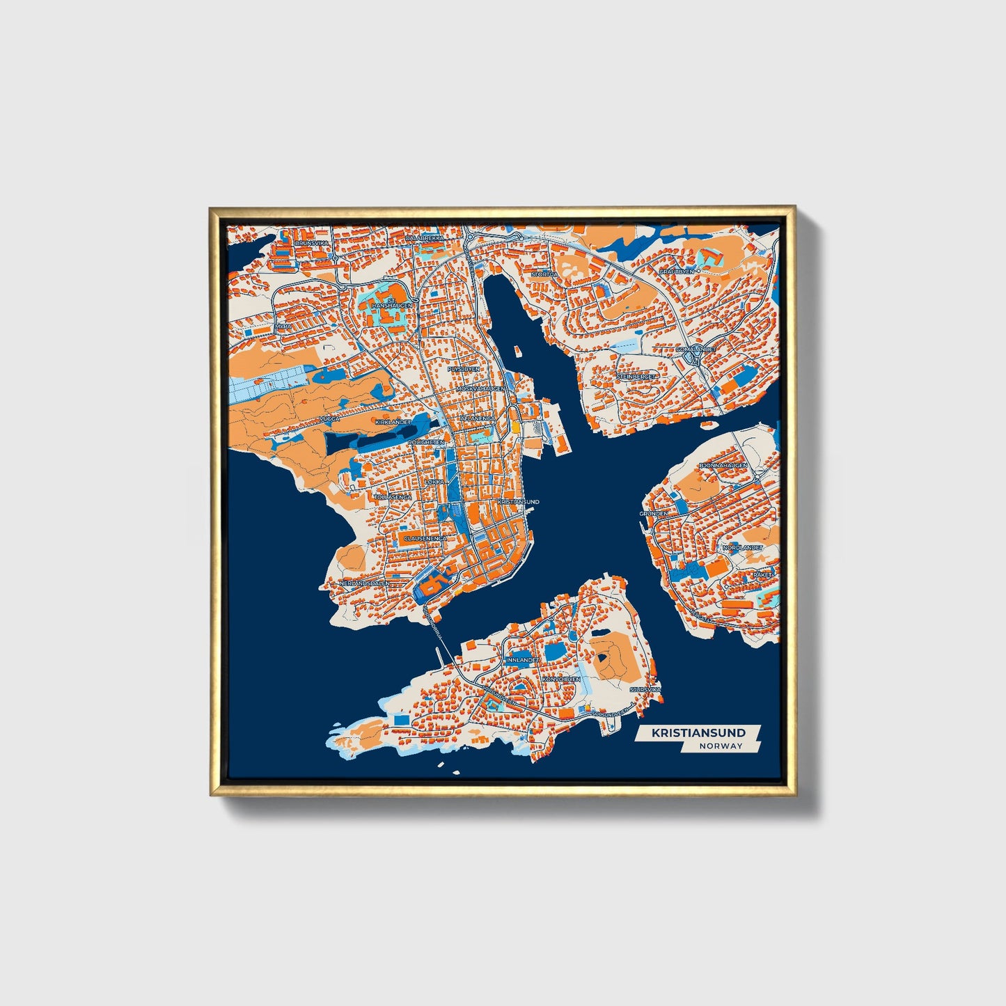 Kristiansund Norway Colorful City Map Canvas Print • Gold Framed