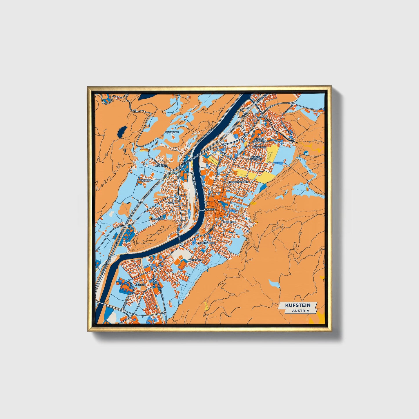 Kufstein Austria Colorful City Map Canvas Print • Gold Framed