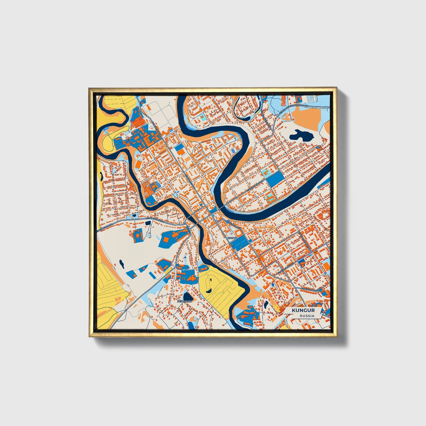 Кунгур Russia Colorful City Map Canvas Print • Gold Framed