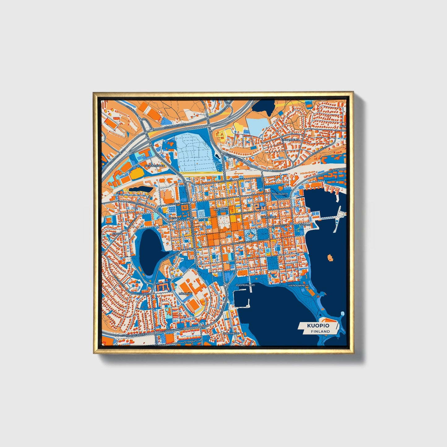 Kuopio Finland Colorful City Map Canvas Print • Gold Framed