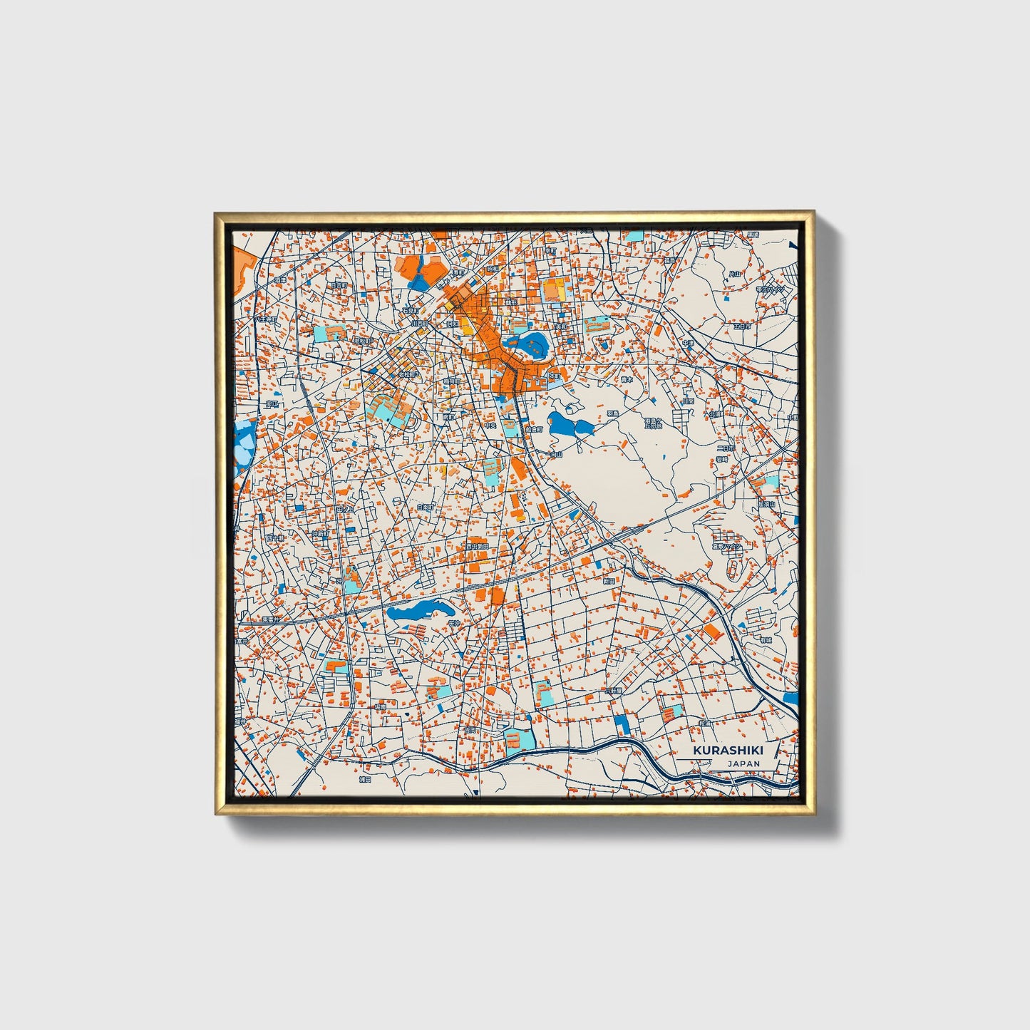 Kurashiki Japan Colorful City Map Canvas Print • Gold Framed