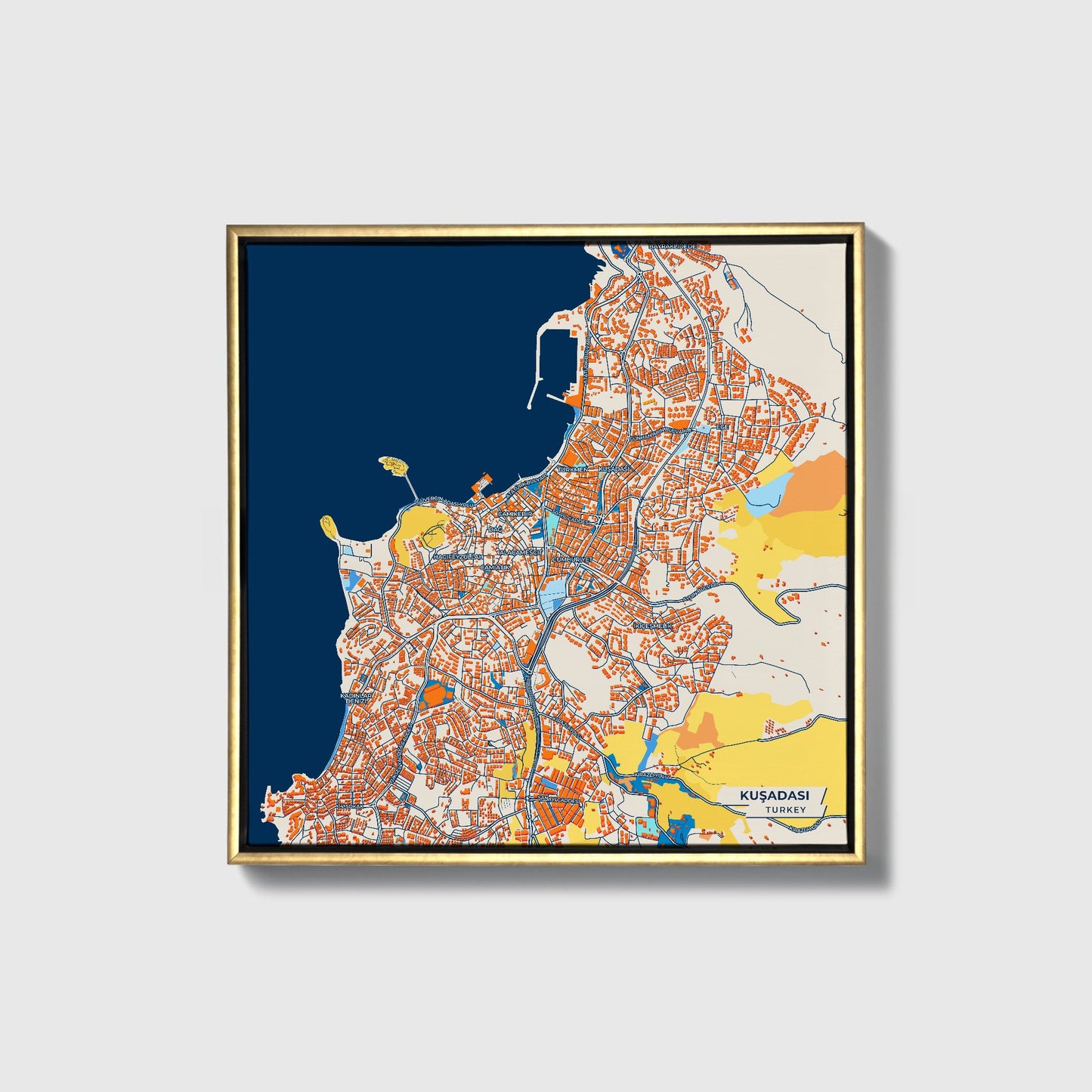 Kuşadasi Turkey Colorful City Map Canvas Print • Gold Framed