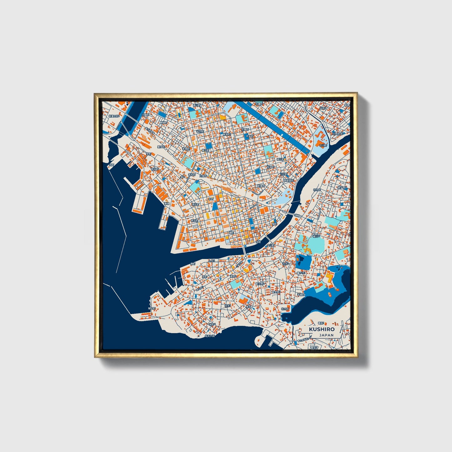 Kushiro Japan Colorful City Map Canvas Print • Gold Framed