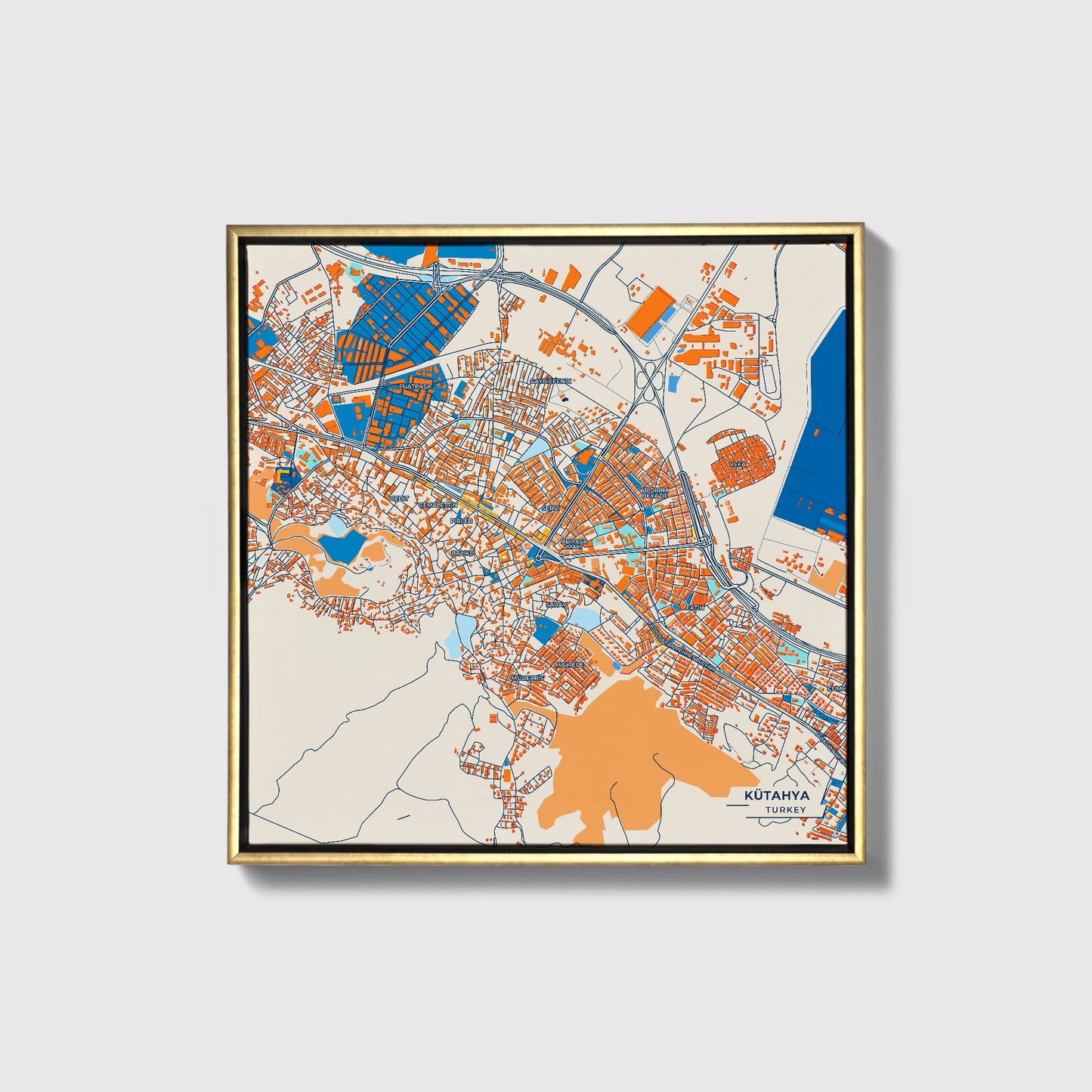Kütahya Turkey Colorful City Map Canvas Print • Gold Framed