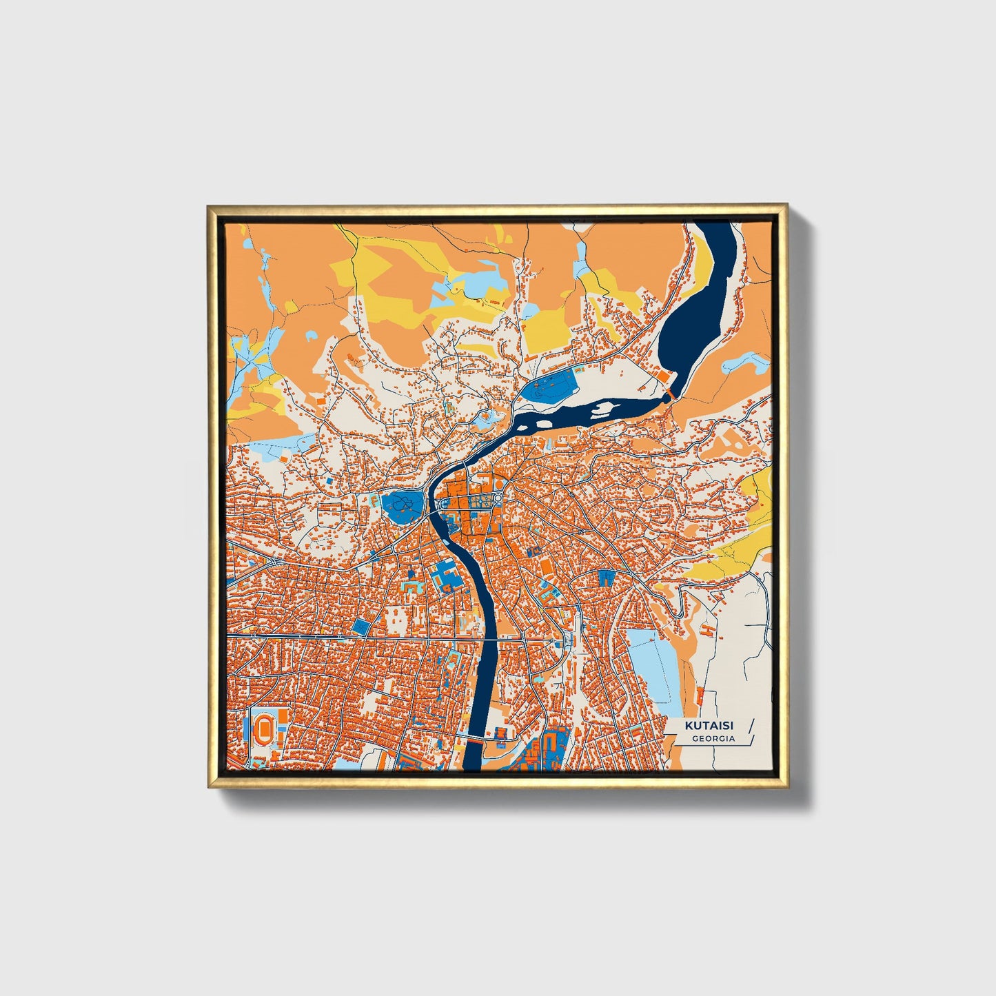 Kutaisi Georgia Colorful City Map Canvas Print • Gold Framed