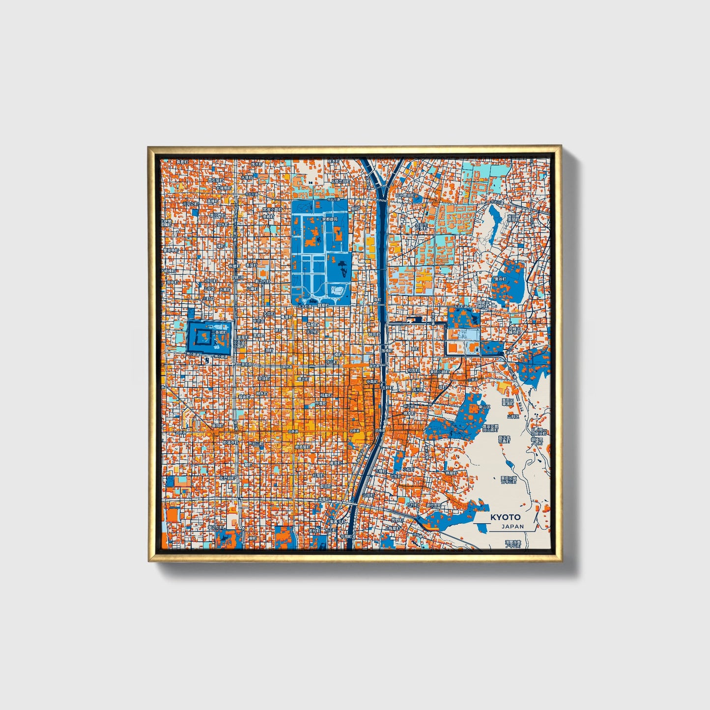 Kyoto Japan Colorful City Map Canvas Print • Gold Framed