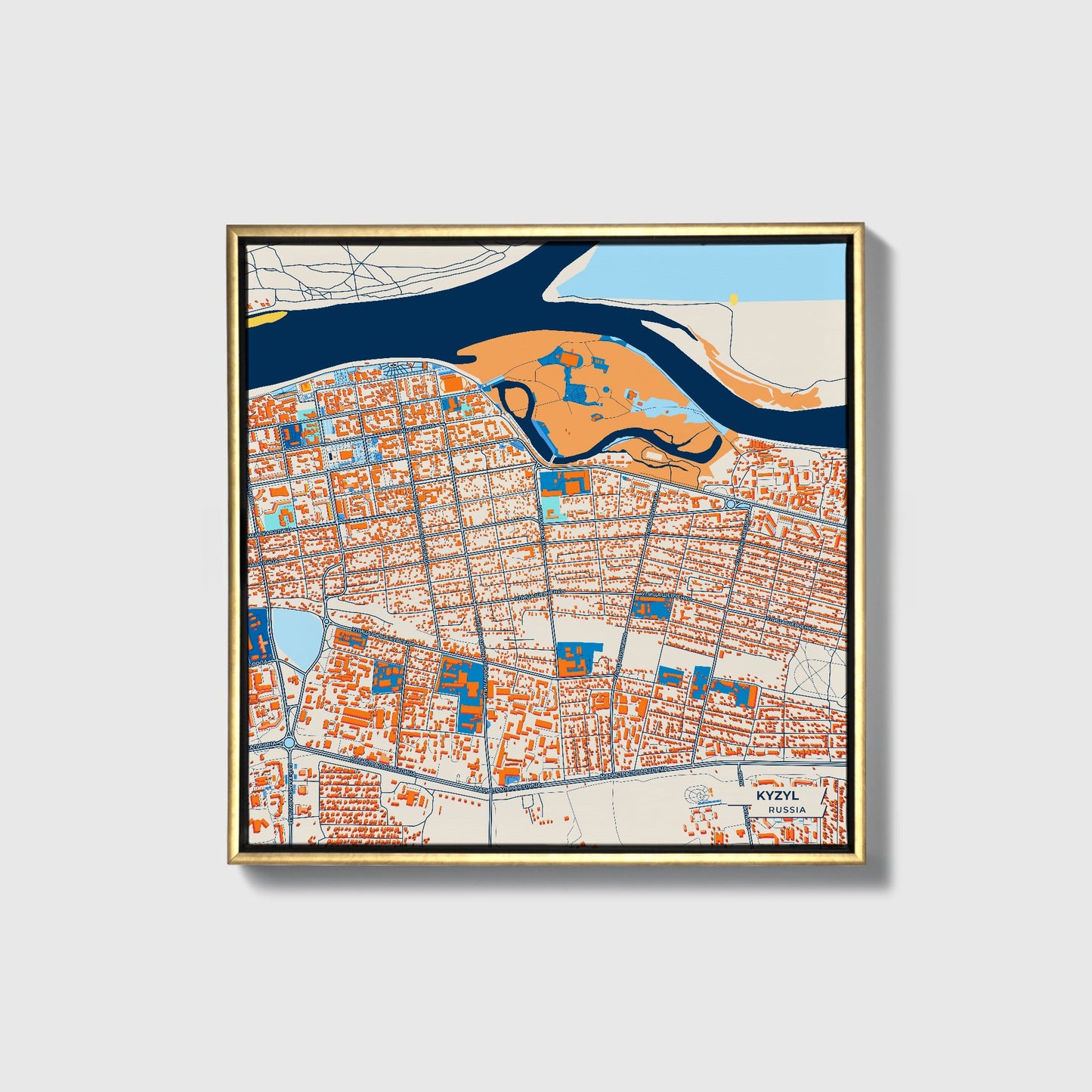 Кызыл Russia Colorful City Map Canvas Print • Gold Framed