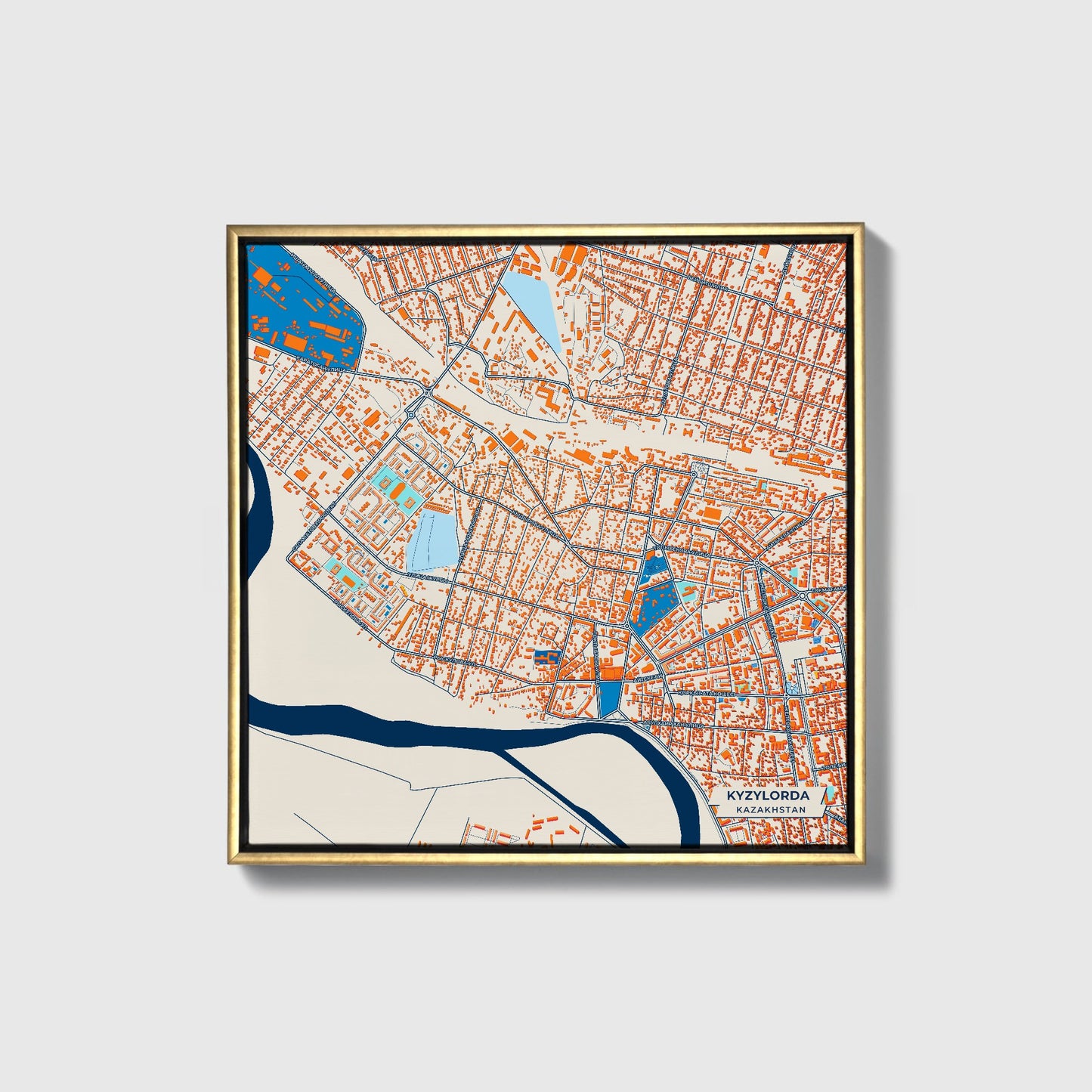 Kyzylorda Kazakhstan Colorful City Map Canvas Print • Gold Framed