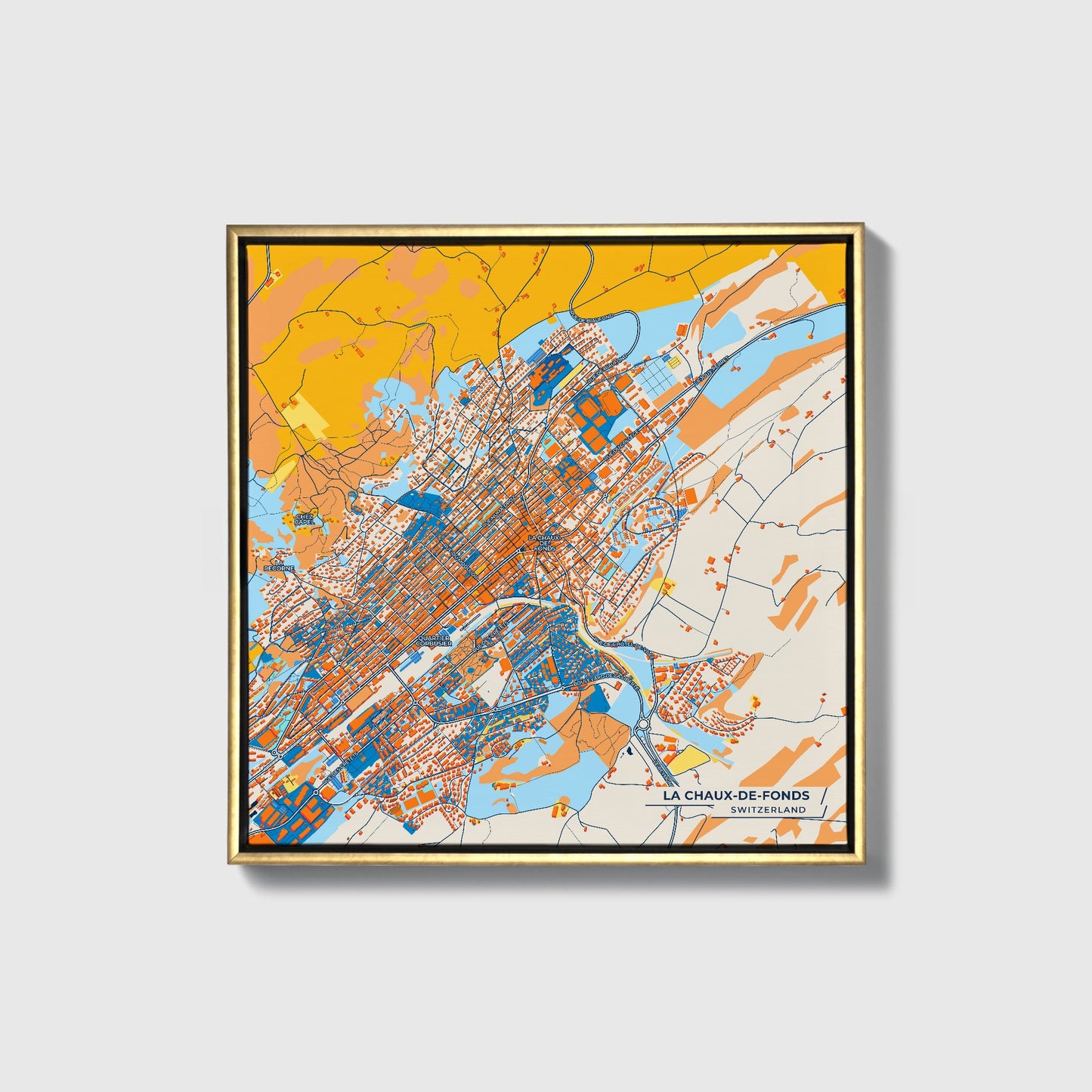La Chaux-De-Fonds Switzerland Colorful City Map Canvas Print • Gold Framed