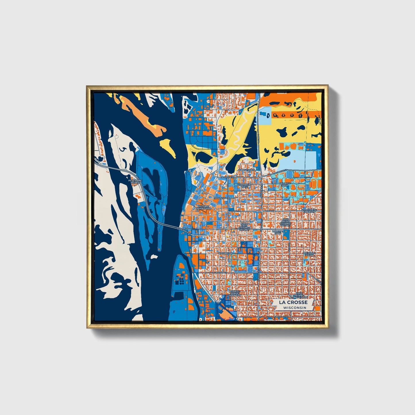 La Crosse Wisconsin Colorful City Map Canvas Print • Gold Framed