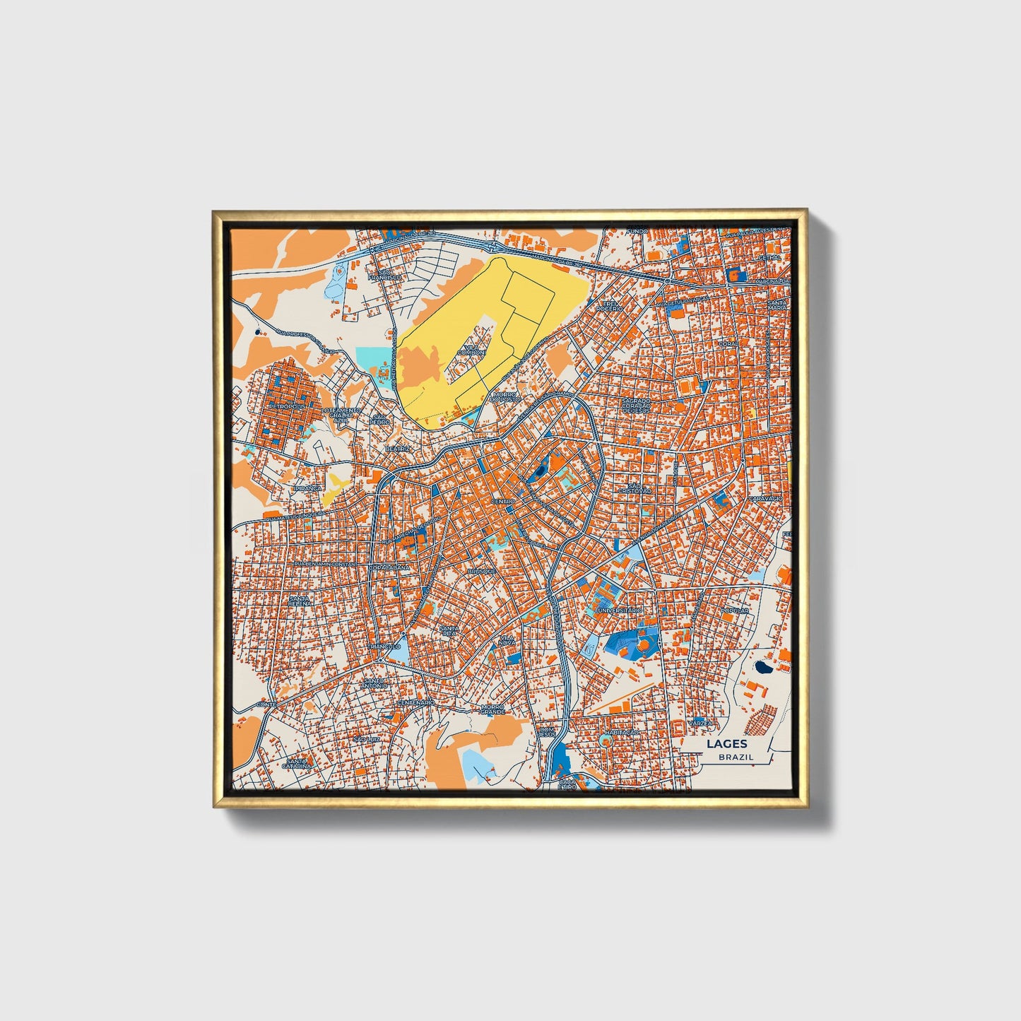 Lages Brazil Colorful City Map Canvas Print • Gold Framed