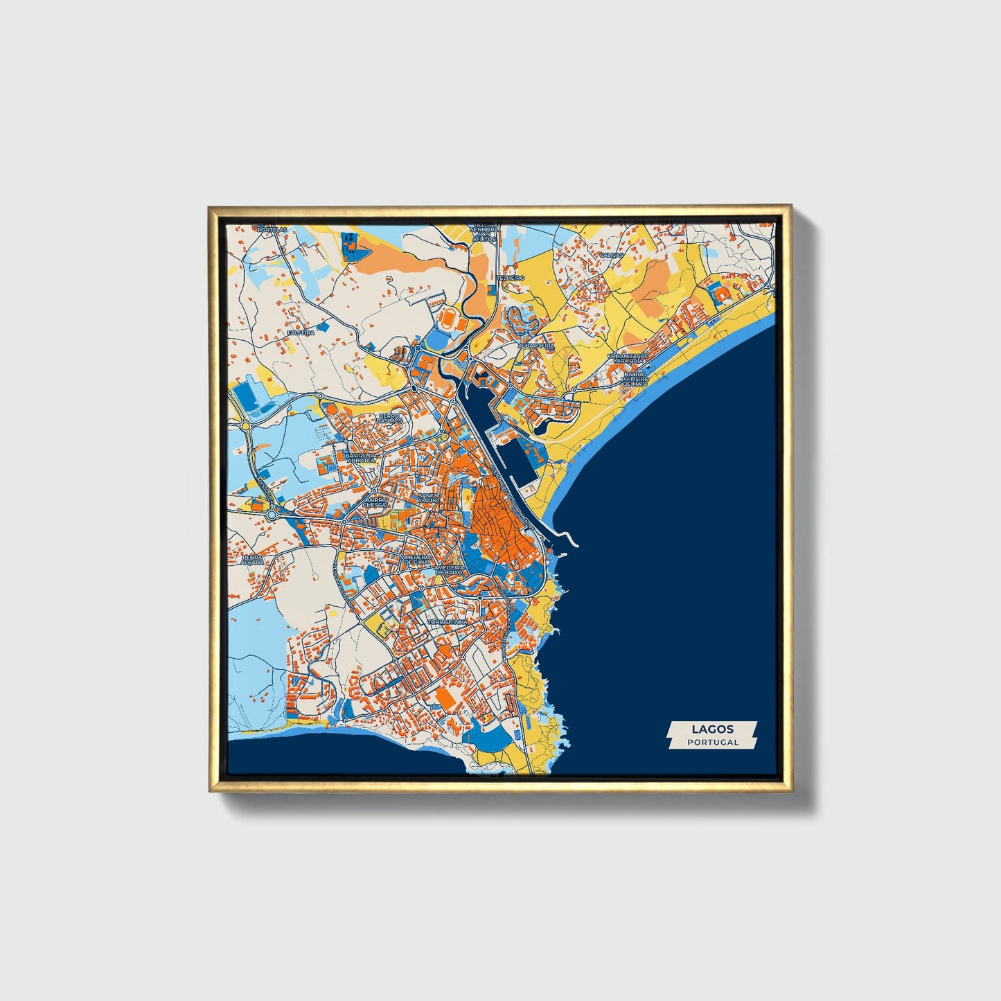 Lagos Portugal Colorful City Map Canvas Print • Gold Framed