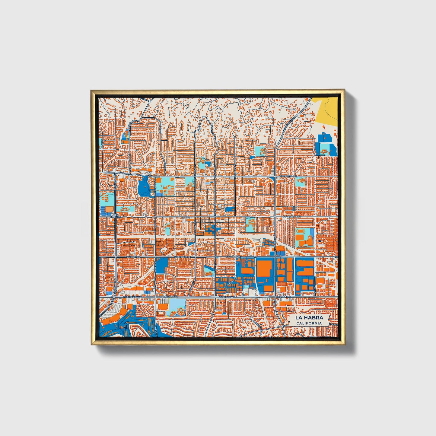 La Habra California Colorful City Map Canvas Print • Gold Framed
