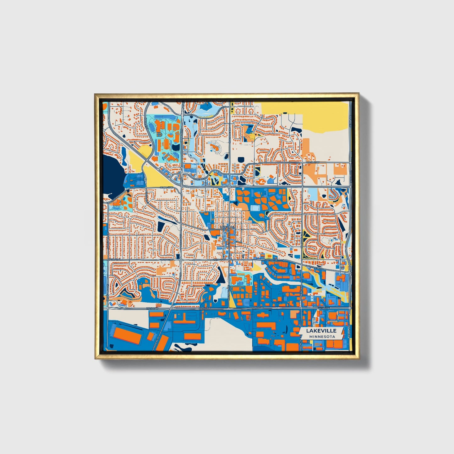 Lakeville Minnesota Colorful City Map Canvas Print • Gold Framed