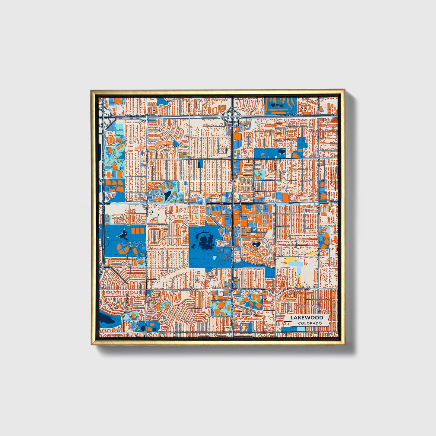 Lakewood Colorado Colorful City Map Canvas Print • Gold Framed
