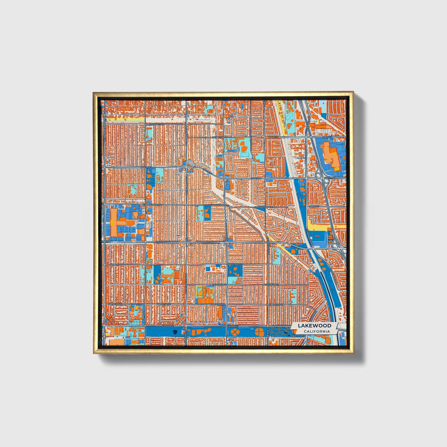Lakewood California Colorful City Map Canvas Print • Gold Framed