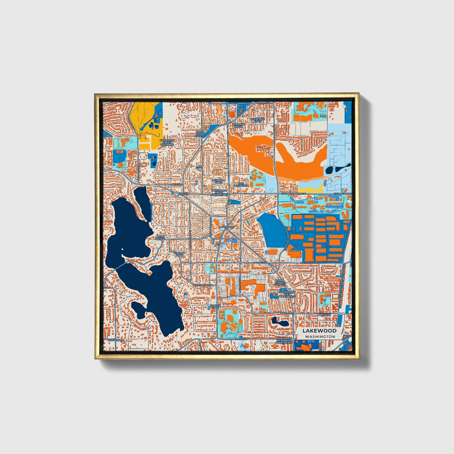 Lakewood Washington Colorful City Map Canvas Print • Gold Framed