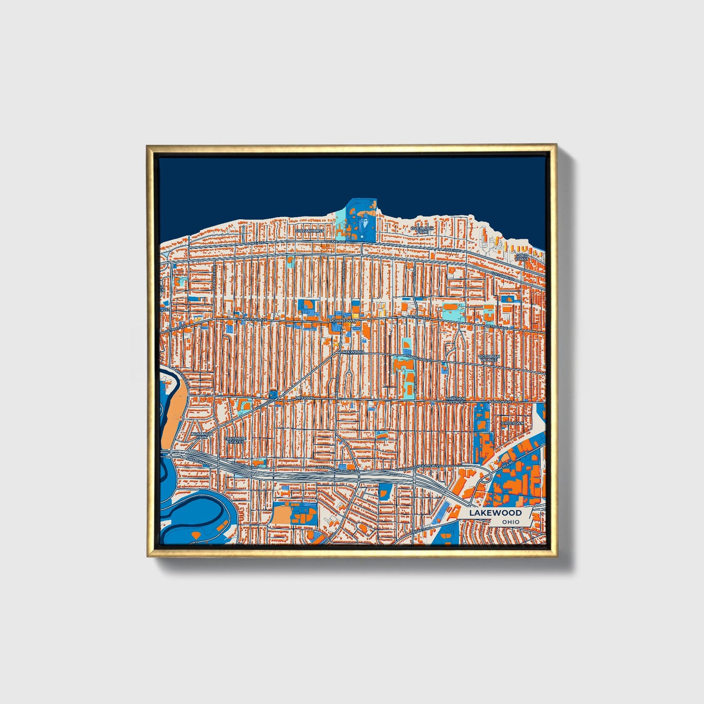 Lakewood Ohio Colorful City Map Canvas Print • Gold Framed