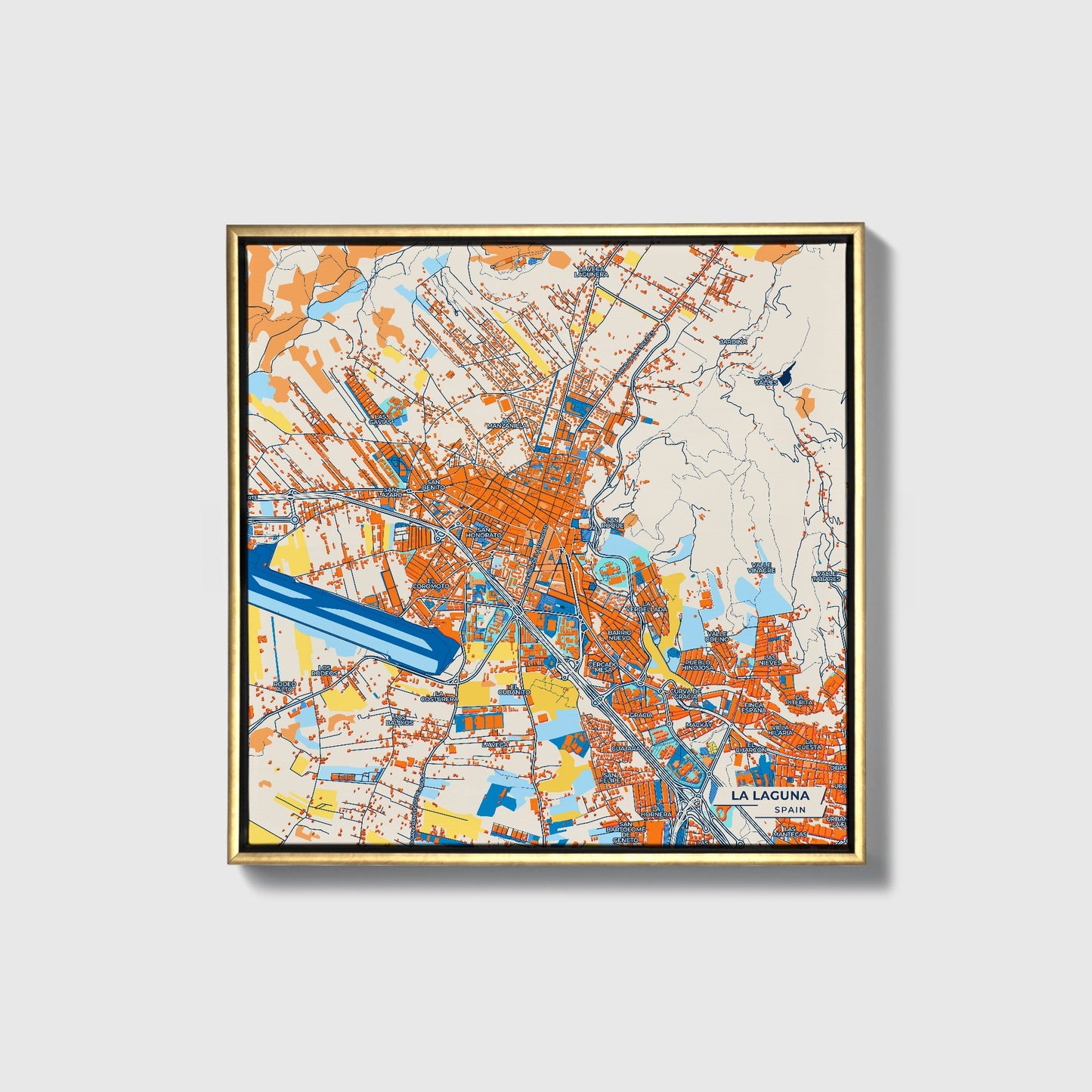 La Laguna Spain Colorful City Map Canvas Print • Gold Framed